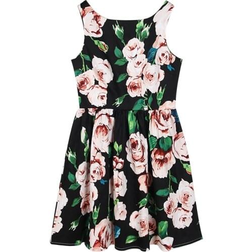 Women Summer Customize Flower Printed High Waist Vestido Ladies Casual Plus Size Sleeveless Retro Vintage Printing Cotton Dress
