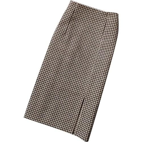 Women plaid Woolen Skirts High Waist Houndstooth Wool Pencil Skirt Work OL step split Skirts