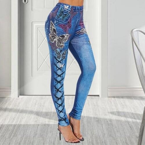 Fashionable New Lady Imitation Color Printing High Waist Skinny Denim Leggings Stretchy Jeggings Pant