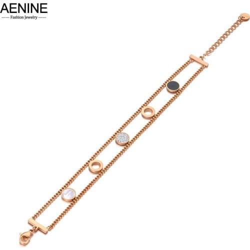 AENINE Titanium Stainless Steel Double Layer Chain Link Bracelet For Women Bohemia 5Pcs CZ Crystal Wafer Charm Jewelry AB21016