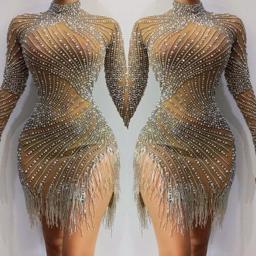 Women sexy costume sparkly diamond Pearl dress dance nude Fringe long sleeve Tightshort dress customes