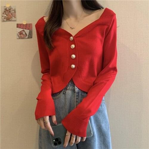Womens Knitted Cardigan Red Sweet Pure Color Clavicle V-neck Long Sleeves Short Thin Top Wholesale Lady Shirt Elegant Clothing