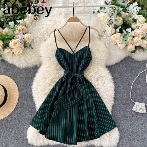 Women stripe Backless Strap Dress V Neck Sleeveless Single Breasted Lace Up Dress Summer Off Shoulder A-line Beach Short Dress