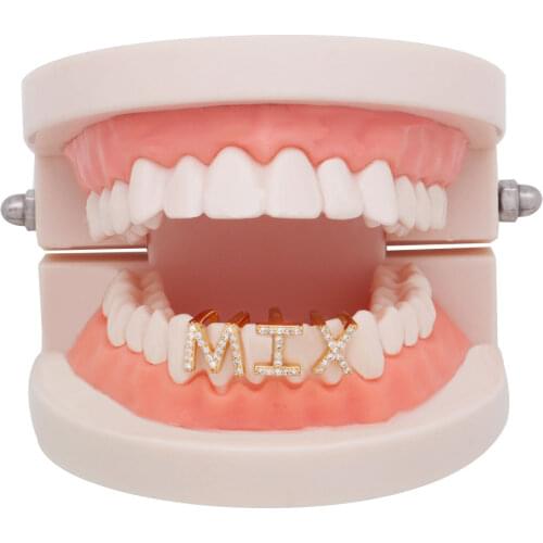 Hip Hop 26 Letters Gold Color Teeth Grillz Iced Out Rhinestone Grills For Women Men Fashion Tooth Cap Punk Teeth Jewery Party