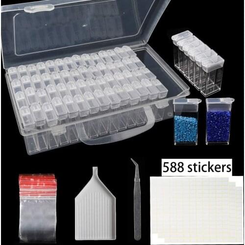 64 Slots Diamond Painting Storage Containers Portable Plastic Bead Storage Box with Funnel Plate 588pcs Label Stickers and Tweez
