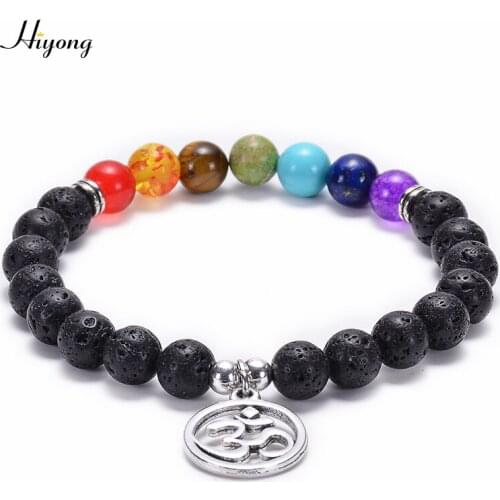 7 Chakra Religion Healing Balance Stone Bead Bracelet OM/Tree of Life/Lotus Pendant Black Lava Rock Bracelet Yoga Charm Jewelry