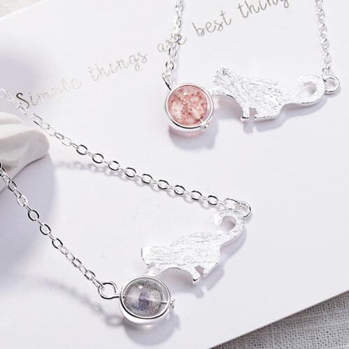 925 Sterling Silver Fashion Cat Strawberry Crystal Pendants And Necklaces Korean For Women Wedding Vintage Jewelry Gift GaaBou
