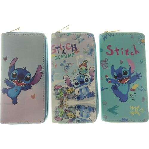 Disney Stitch PU Long Zipper Wallet Cartoon Coin Purse boy girl cute card holder Clutch coin bag
