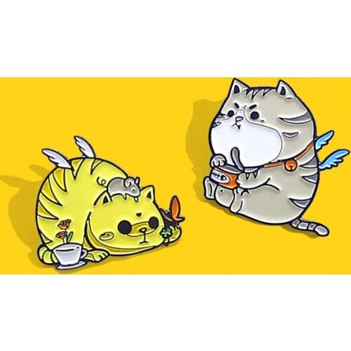 Foodie Cats Enamel Pin Cartoon animals fat cat Brooch wing kitten Favorite food mouse canned fish Lapel shirt Custom Badge