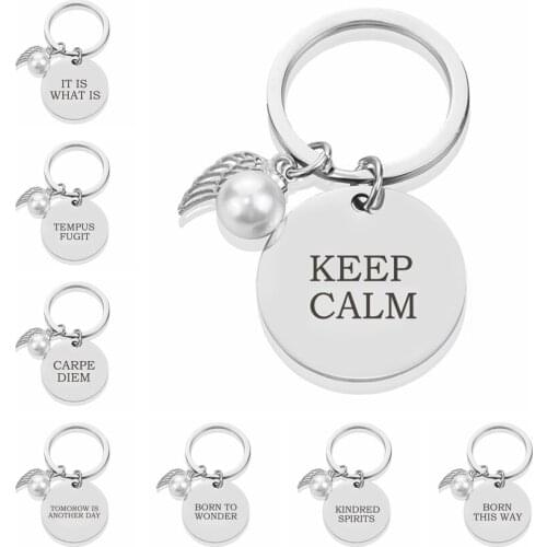 KEEP CALM Metal Lettering Keychain With Simulated Pearls Wing Stainless Steel Key Chains CARPE DIEM Fashion Accessories Keyring