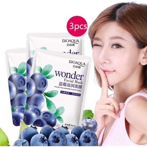 3PC BIOAQUA Natural Blueberry Facial Mask Skin Care Whitening Moisturizing Rehydration Mask Anti Aging Wrinkles Oils Acne Beauty
