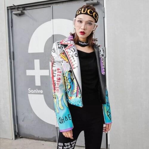 Autumn Zipper Rivet Women Faux Leather Jacket Fall Female Slim Short PU Coat Punk Graffiti Blue Crop Motorcycle Biker Jackets