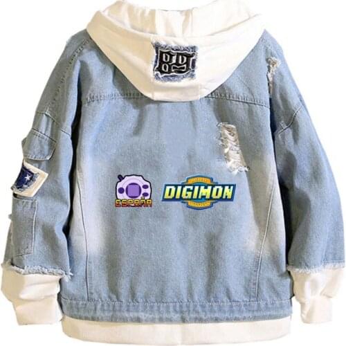 Anime Digimon Adventure Coat Teens cowboy Cosplay Jacket Men Women Casual Denim Hooded Loose coat Cartoon Hooded