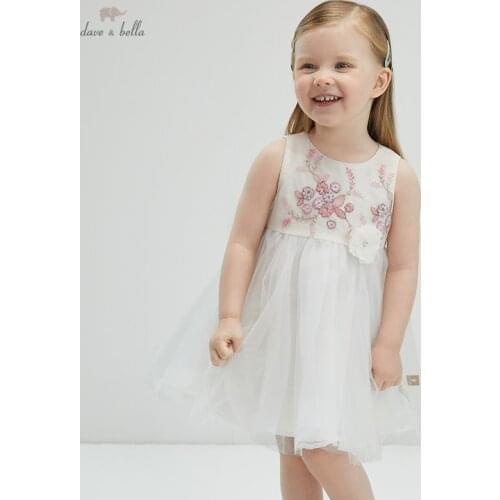 DB16924 dave bella summer baby girls cute floral embroidery mesh dress children fashion party dress kids infant lolita clothes