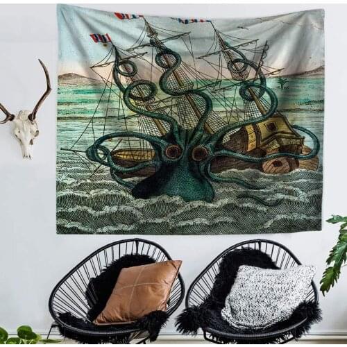 Octopus Printed Tapestry Lrge Size Dirt-resistant Living Room Boho Decor Wall Hanging Functional Picnic Cloth Door Curtain