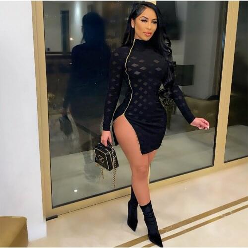 BKLD 2021 Spring And Summer Sexy Mesh See Through Zipper Split Long Sleeve Bodycon Dress Black Women Clothing Party Clubwear
