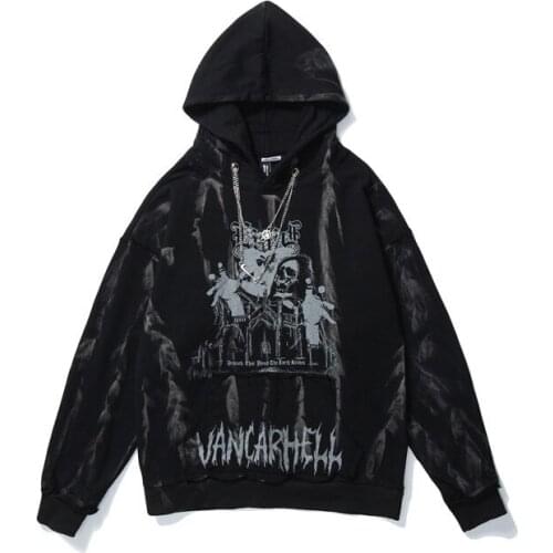 Men Hip Hop Hoodie Sweatshirt Gothic Horror Skull Print Punk Chain High Street Hipster Baggy Hooded Pullover Streetwear