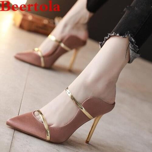 Beertola Outdoor Womens Slippers Silky Upper Metal Belt Cover Pointed Toe Ladies Pumps Mutil Colors French Girl Style Slippers