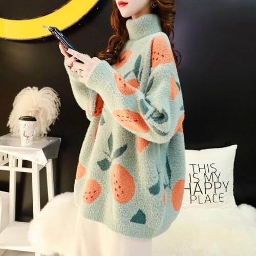 Knit Plush Sweater women Oversize Turtleneck Female Pullovers Fruit Printed Woman Sweater Winter Loose Thick Pullovers
