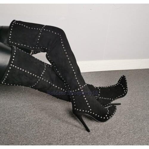 Black Suede Leather Rivets High Heel Over The Knee Boots Women Thin High Heeled Boots Thigh High Long Boots