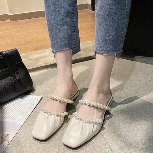 2021 Summer Sale Of Womens Shoes Med Female Sandal Clear Heels Shallow Mouth New Low Medium Girls Closed Pearl Comfort Beige PU