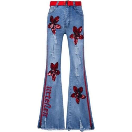 High waist wide leg jeans with stripe 2020 women baggy denim pants mujer sequined red floral tassel fringe side zipper jeans