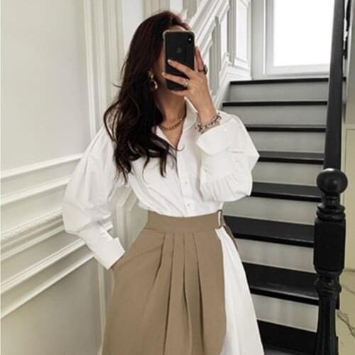 2021 Hot Sale Women Turn-down Collar Irregular Shirt Dress Elegant Long Sleeve Female Pleated Dress Spring 2 Pieces