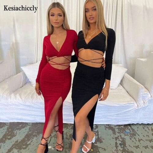 Kesiachiccly Solid Sheath Women Midi Dress Fashion Split Long Sleeve Ruched Sexy Party Dresses Ladies Lace Up Casual Vestidos