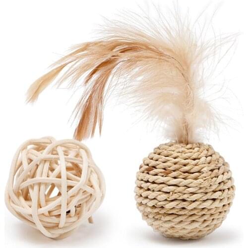 2PCS Rattan Ball Cat Toy Funny Faux Feather Cat Bell Ball Kitten Play Ball Interactive Tools Pet Supplies игрушки для кошек