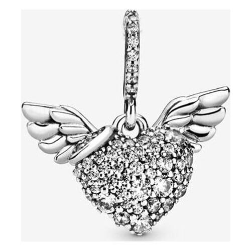 Free Shipping Authentic 925 Sterling Silver Angel Wings Dangle Heart Charm Fit Original Pandora Bracelet For Women DIY Jewelry