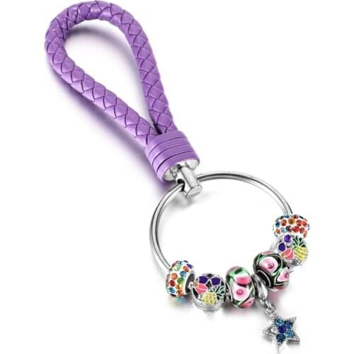 KEORMA Original Design Blue Star Pendant Colorful Enamel Charms Beads Key Chain with Purple Leather Chain Boutique Car Key Chain