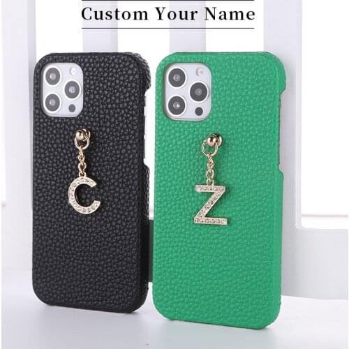 Custom Name Pebble Leather Cowhide Phone Shell Case For iPhone11 12 Pro Mini Max X XR XS 7 8Plus Pendant Metal Letters Cover