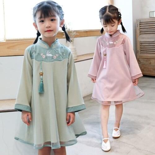 Kids cheongsam Chinese dress girl cheongsam long-sleeved hanfu dress Chinese skirt Tang costume girl costume cheongsam skirt
