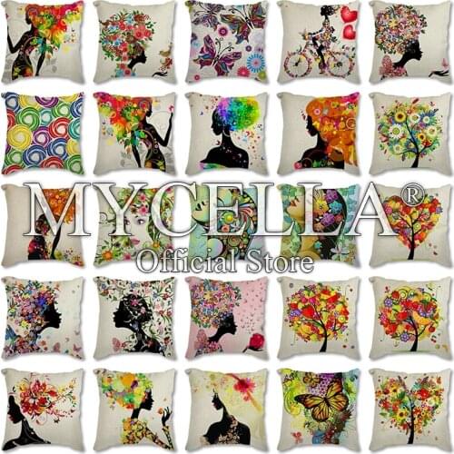 Colorful Tree Pattern Cushion Cover 45*45 Polyester Throw Pillow Decorative Sofa Cushions Cartoon girl Pillowcover Throw Sofa