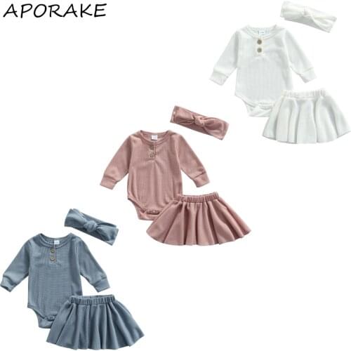 2021 0-12M Casual Toddler Girl Clothes Sweet Solid Color Button Long Sleeve O Neck Romper+Pleated Skirt+Headband Autumn 3pcs Set