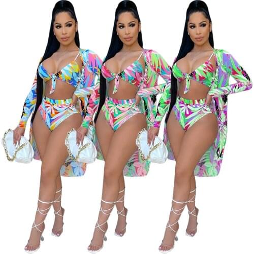 Echoine 3 Piece Set Bikini Set Print Swimwear Sexy Elegant Beach Summer Swimsuit Long Chiffon Cover Up Outfit Bathing Suit New
