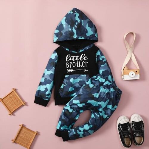 2Pcs Baby Autumn Clothes Sets Outfit Letters Hooded Long Sleeves Tops + Camouflage Casual Pants for Toddler Boys