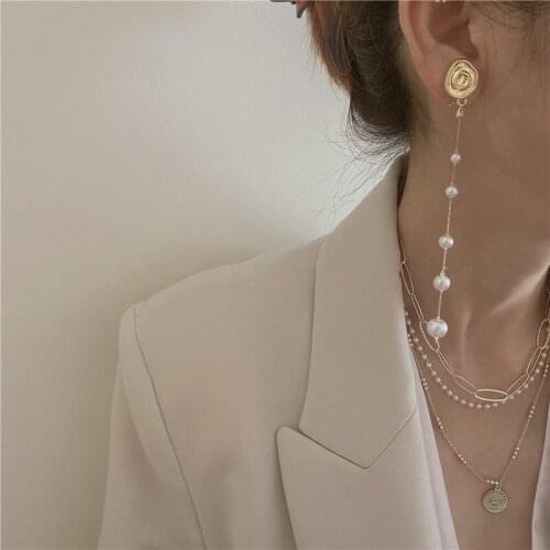 Korean Retro Simulated Pearl Long Tassel Earrings for Women Girl Gold Color Chain Irregular Geometrical Drop Earrings Pendientes