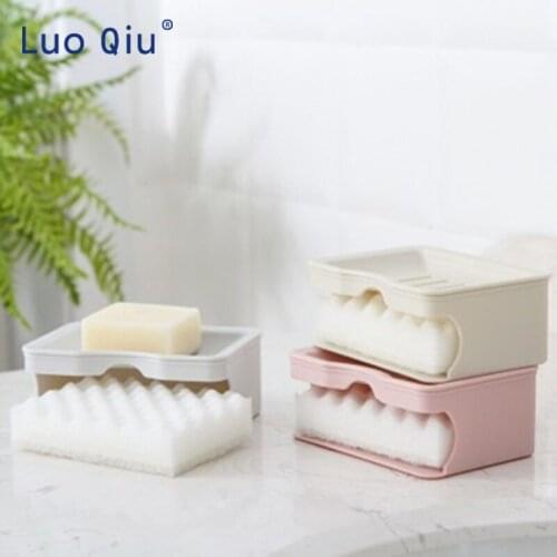 Creative double layer leachate soap box multifunction bathroom with sponge brush soap box bathroom plastic soap rack