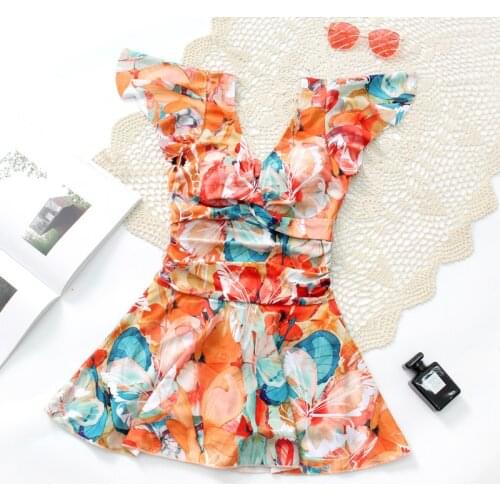 Ruffle Swimsuit One Piece Slim Modest Swimwear Printing Plus Large Size Swimming Suit for Women Bathing Beach Swim Cotume 2021