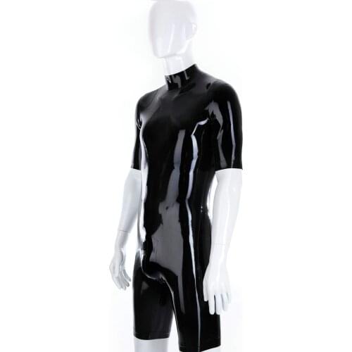 Half Sleeve Latex Catsuit Sexy Rubber Bodysuits Half Pants Mens All Black Tight Clothing Fetish Jumpsuit Athletic Wear