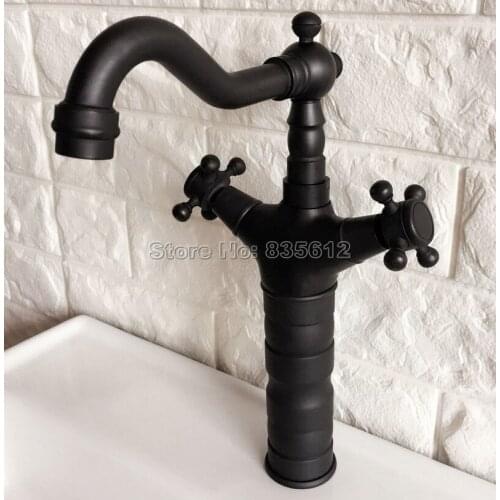 Black Oil Rubbed Brass Swivel Spout Kitchen Sink Faucet and Washbasin Faucets Dual Cross Handle Cold &Hot Water Mixer Tap Wnf347