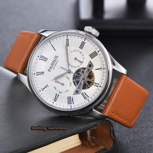 Parnis 43mm Skeleton Men Watch Automatic Silver Case Week Display Tourbillon Mechanical Mens Watches