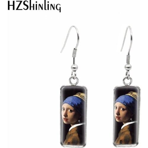 2019 New Johannes Vermeer Paintings Fish Hook Earring Girl Wearing Pearl Oil Painting Rectangular Earrings Glass Jewelry