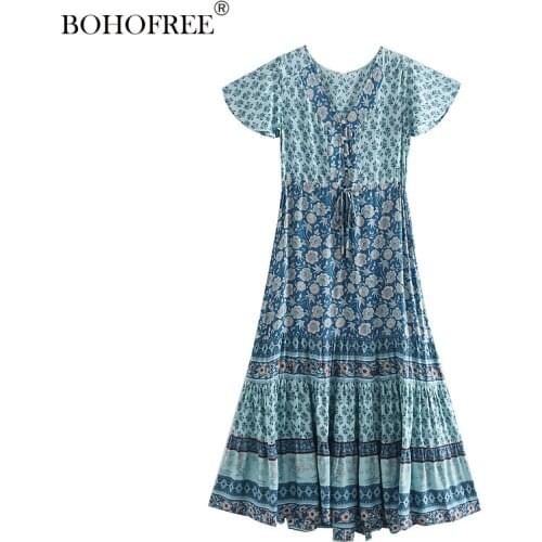 New Rayon Cotton Dresses Short-sleeve V Neck Button Down Sashes Maxi Dresses Bohemian Vestidos Female
