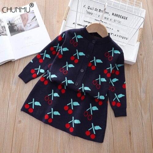 New Girls Baby Knitted Clothing Sets Fashion Kids Cherry Sweaters Cardigan + A-line Skirt 2 Pcs Princess Birthday Outfits Suit