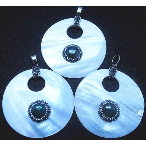 Nature shell pendants with blue agatee stone for women necklaces making jewelry accessories size 60mm white shell with rhineston