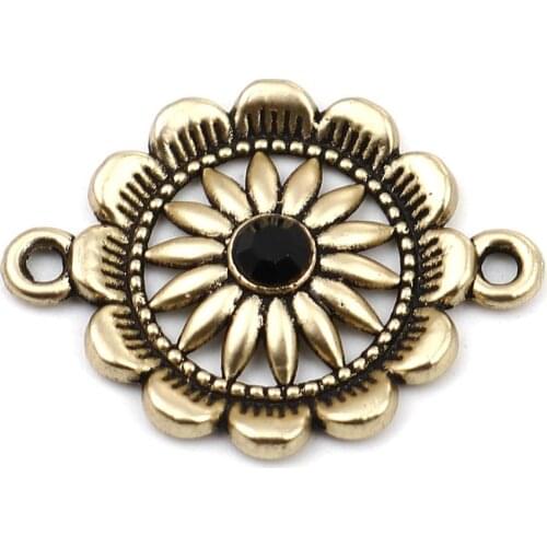 DoreenBeads Zinc Based Alloy Connectors Flower Gold Plated Black Rhinestone 28mm x 21mm, 5 PCs