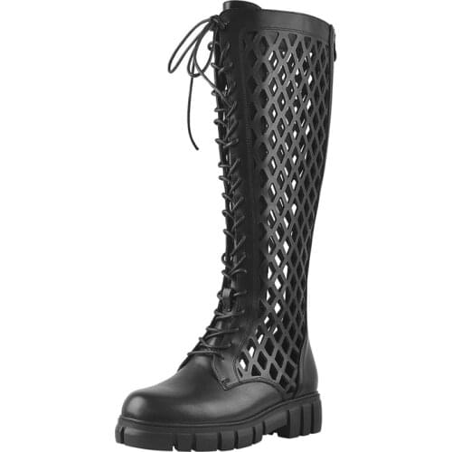 Richealnana Round Toe Lace-up Boots Hollow Low Heels For Women Matte Black Knee High Boots Zipper Big Size 2021 Fashion