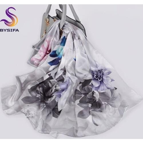 [BYSIFA] New Grey Blue Pure Silk Long Scarves Shawls For Women Elegant Ladies 100% Silk Scarf Hijab Foulard Femmee Neck Scarf
